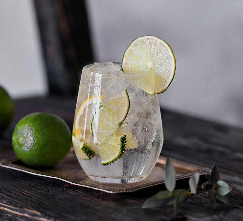 smoked ice cubes in a refreshing glass of sparkling water cocktail served with sliced limes and lemons